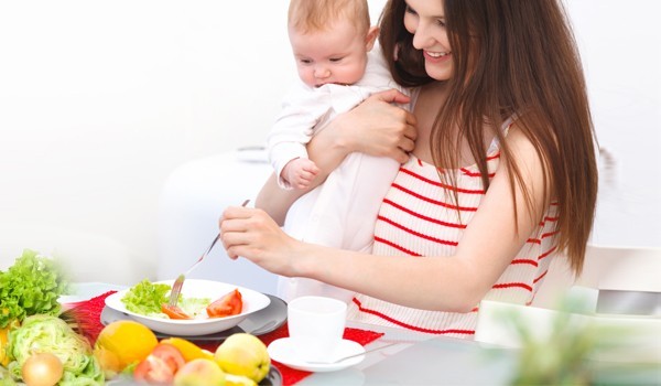 A mother and child in a dining area, preparing for a healthy meal