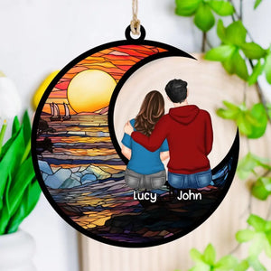 Personalized Christmas Couple Hugging Custom Suncatcher Ornament - bigfamgift