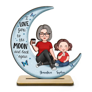 Cute Grandma & Grandkid On Moon Gift For Grandma Gift For Granddaughter Grandson Grandchildren Personalized Standing Wooden Plaque - bigfamgift - Round Wooden Plaque