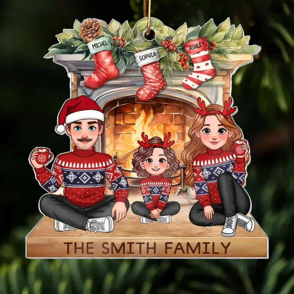 Animated Family Sitting At Christmas Fireplace Personalized Acrylic Ornament