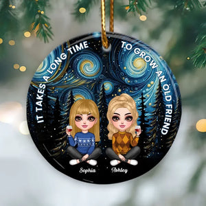 Starry Night Besties Sisters Sitting Personalized Circle Ceramic Ornament, Christmas Gift - bigfamgift