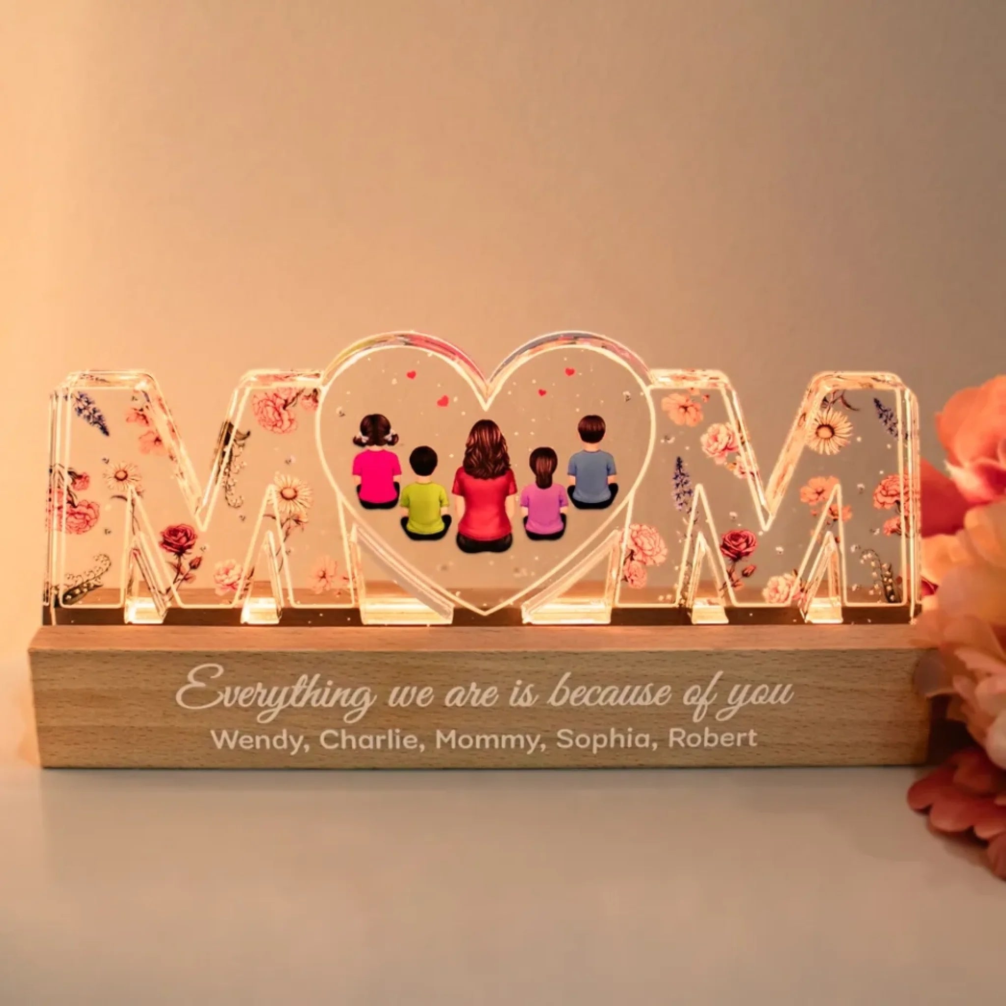 Heartlight Memories: Custom Family Glow, Custom Birth Month Flower Led Night Light, Gift For Mother's Day 2025