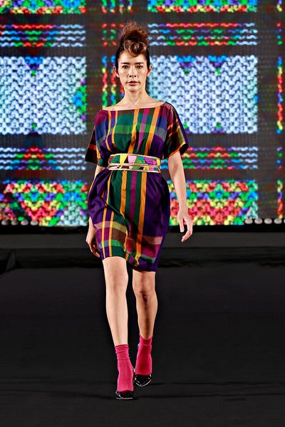 silhouette short dress madras check patterns patchwork belt Bangkok fashion show