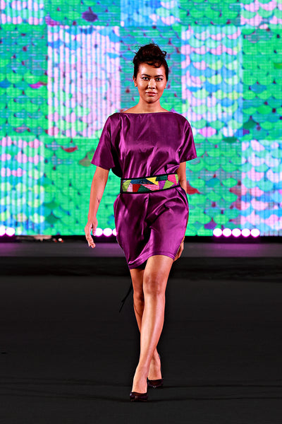 silhouette purple Thai silk dress belt patchwork fashion show Bangkok