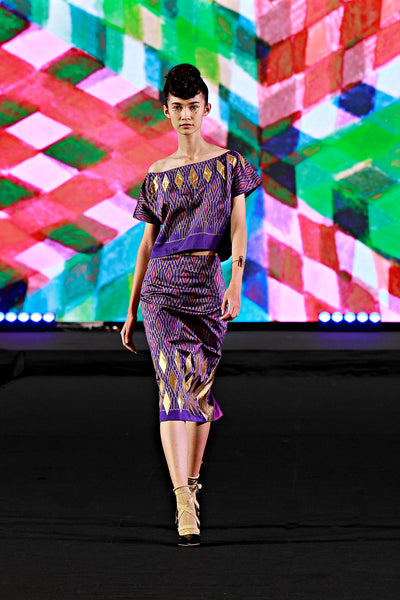 crop top silhouette purple gold pencil skirt bangkok catwalk