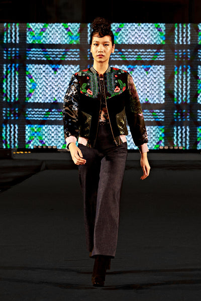silhouette basic pants black velvet bomber jacket mandala pattern Bangkok fashion show
