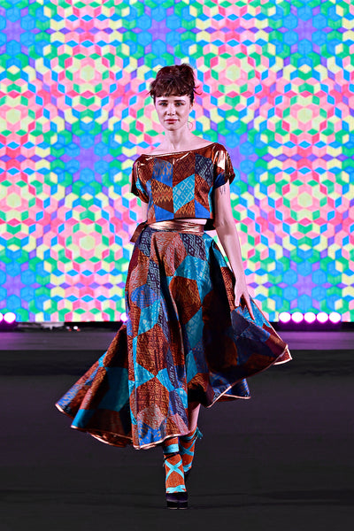 silhouette patchwork wrap skirt crop top copper turquoise Bangkok fashion show