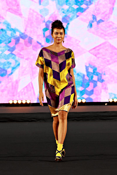 silhouette short purple yellow patchwork dress Bangkok fashion show