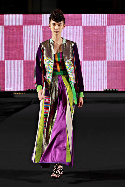 strapless silhouette long loose skirt bomber jacket purple green iridescent Bangkok fashion show