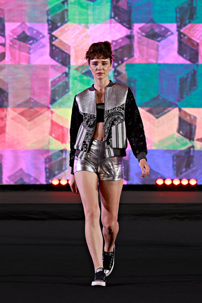 bomber silhouette and gray silver shorts Bangkok fashion show