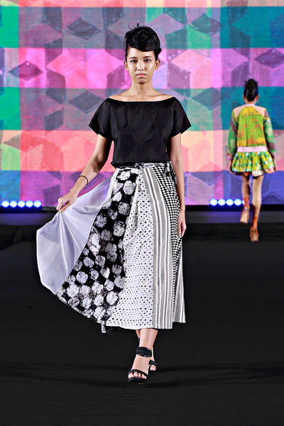 silhouette black crop top thai silk loose skirt black and white bangkok fashion show