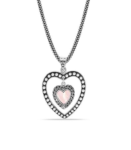 Silver Antique Mother of Pearl Heart Pendant Necklace -