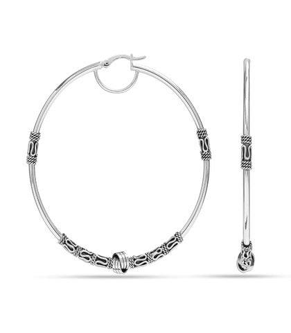 Sterling Silver Jewellery LARGE Oxidized Balinese Round Click-Top Hoop Earrings