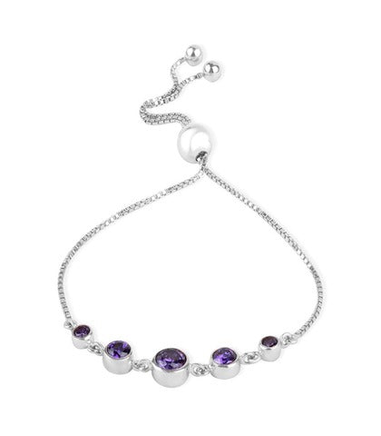 925 Sterling Silver Amethyst Purple Zircon Stone Sliding Bolo Bracelet