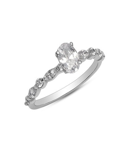 CZ Rhodium Plated Oval-Cut Engagement Rings