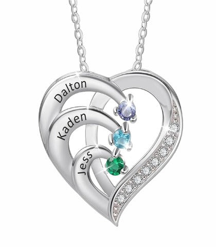 Three-Name with Birthstone Heart Shape Necklace
