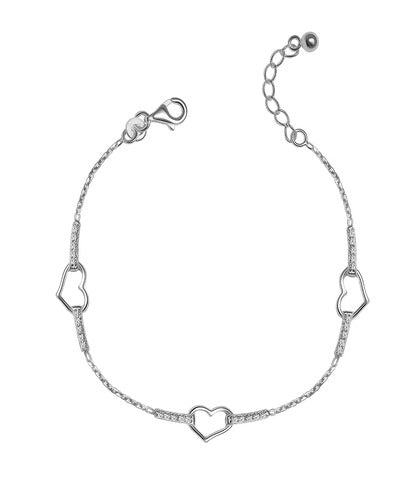 925 Sterling Silver CZ Open Love Heart Station Adjustable Cable Chain Link Bracelet