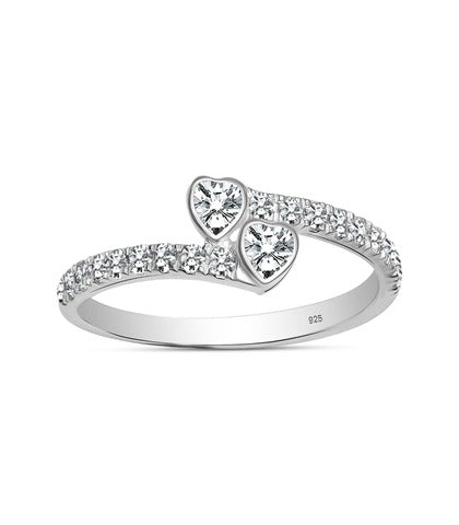 Sterling Silver Heart Ring with Two Sparkling Hearts CZ Rings