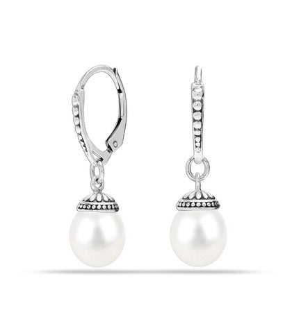 925 Sterling Silver Simulated Shell Pearl Leverback Dangle Earrings