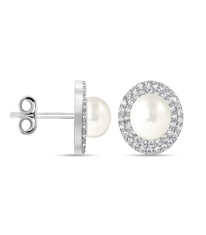 LeCalla 925 Sterling Silver Cubic Zirconia Small Pave Simulated Pearl Button Stud Earrings.