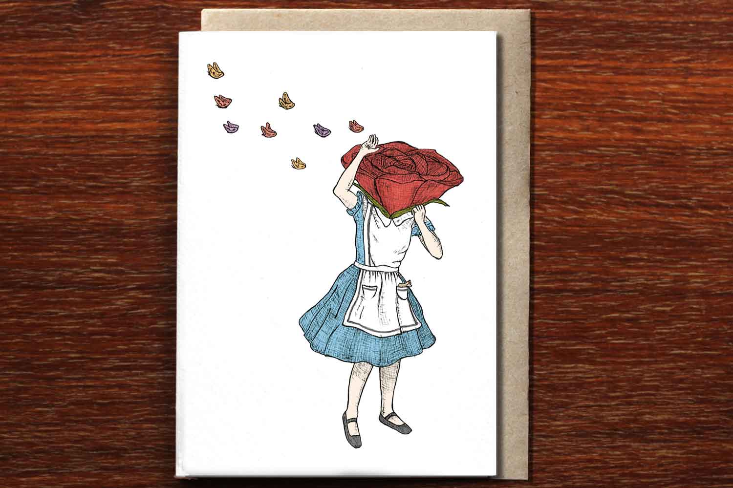 Hand illustrated Alice in Wonderland themed greeting card