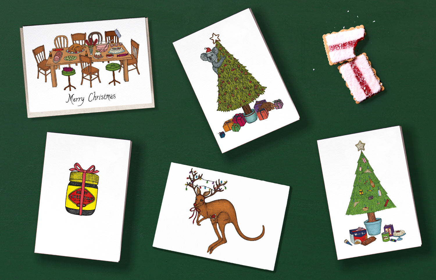 six handmade Australian themed christmas cards on a green background