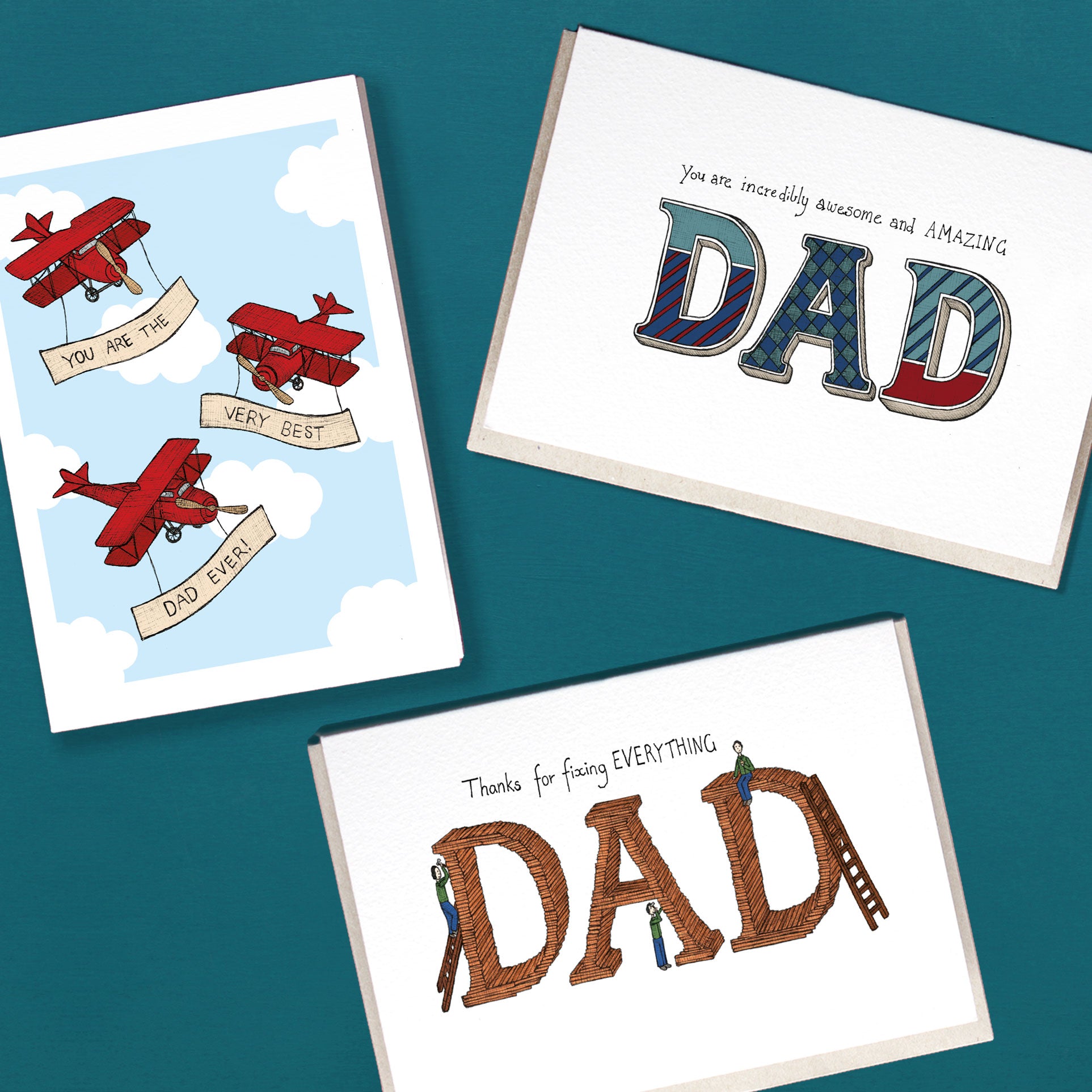 Three hand illustrated Father's Day cards on a blue backdrop