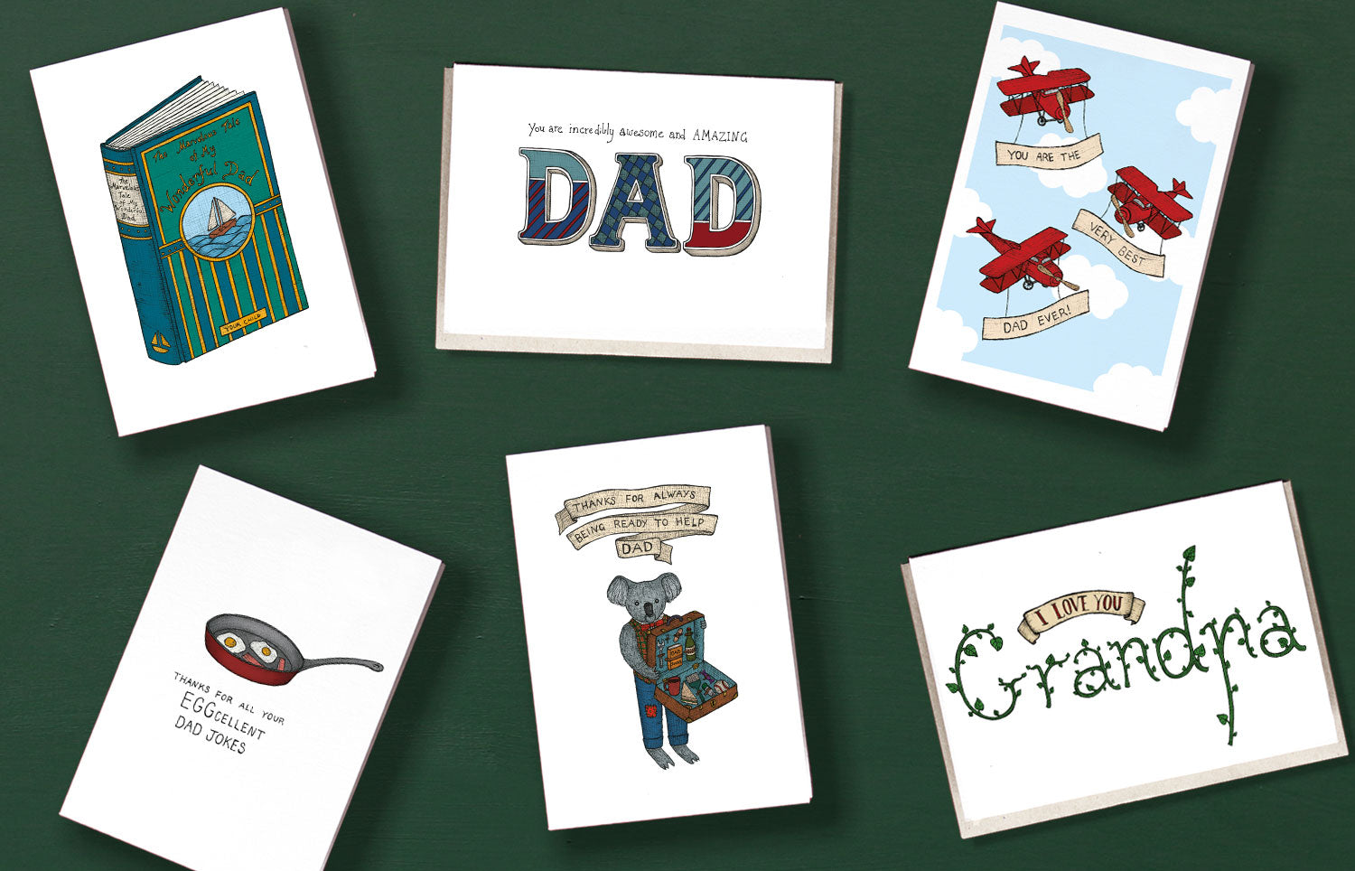 Father's Day greeting cards on green background