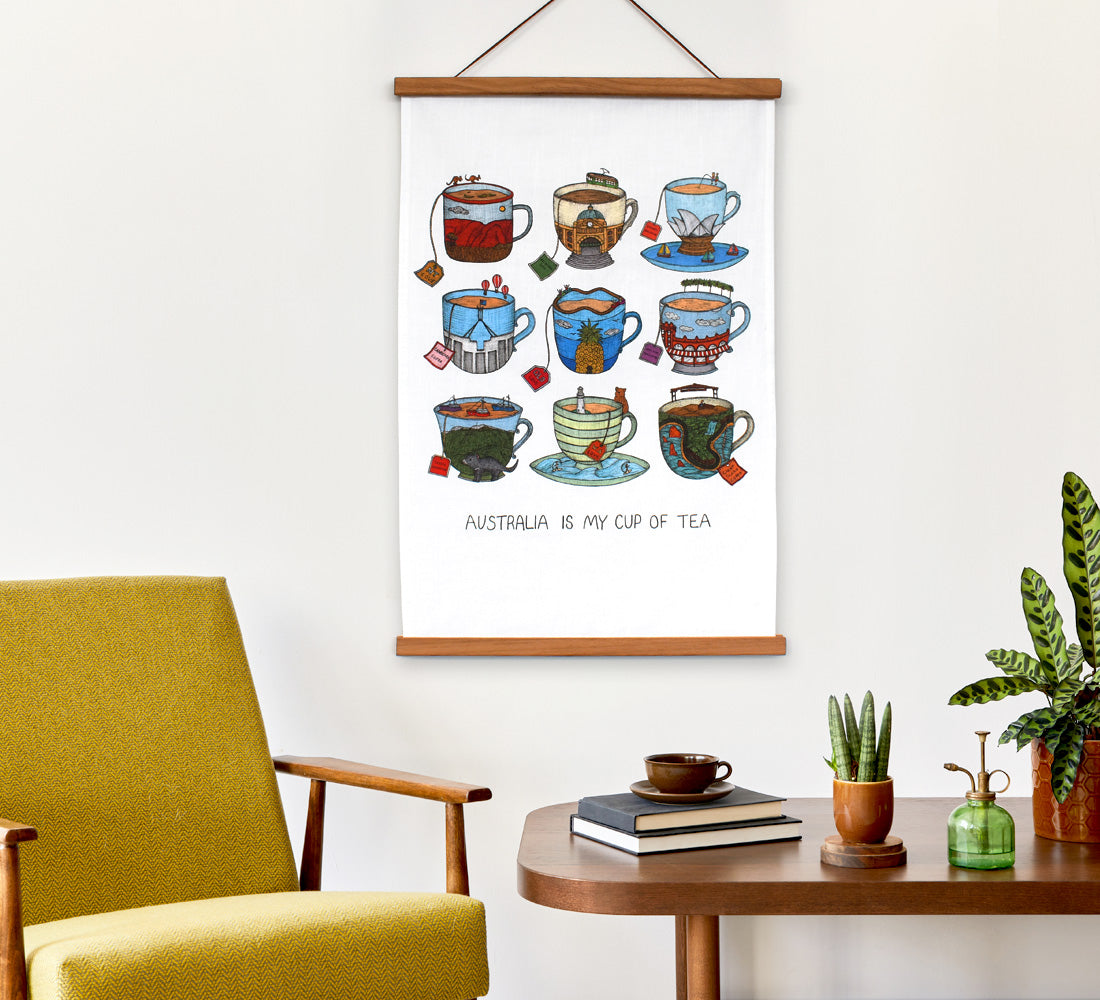 Australian artist tea towel framed on a wall