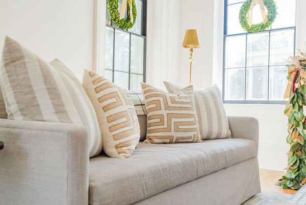 Luxe Linen throw pillows on linen sofa in a coastal style katrina and co studio