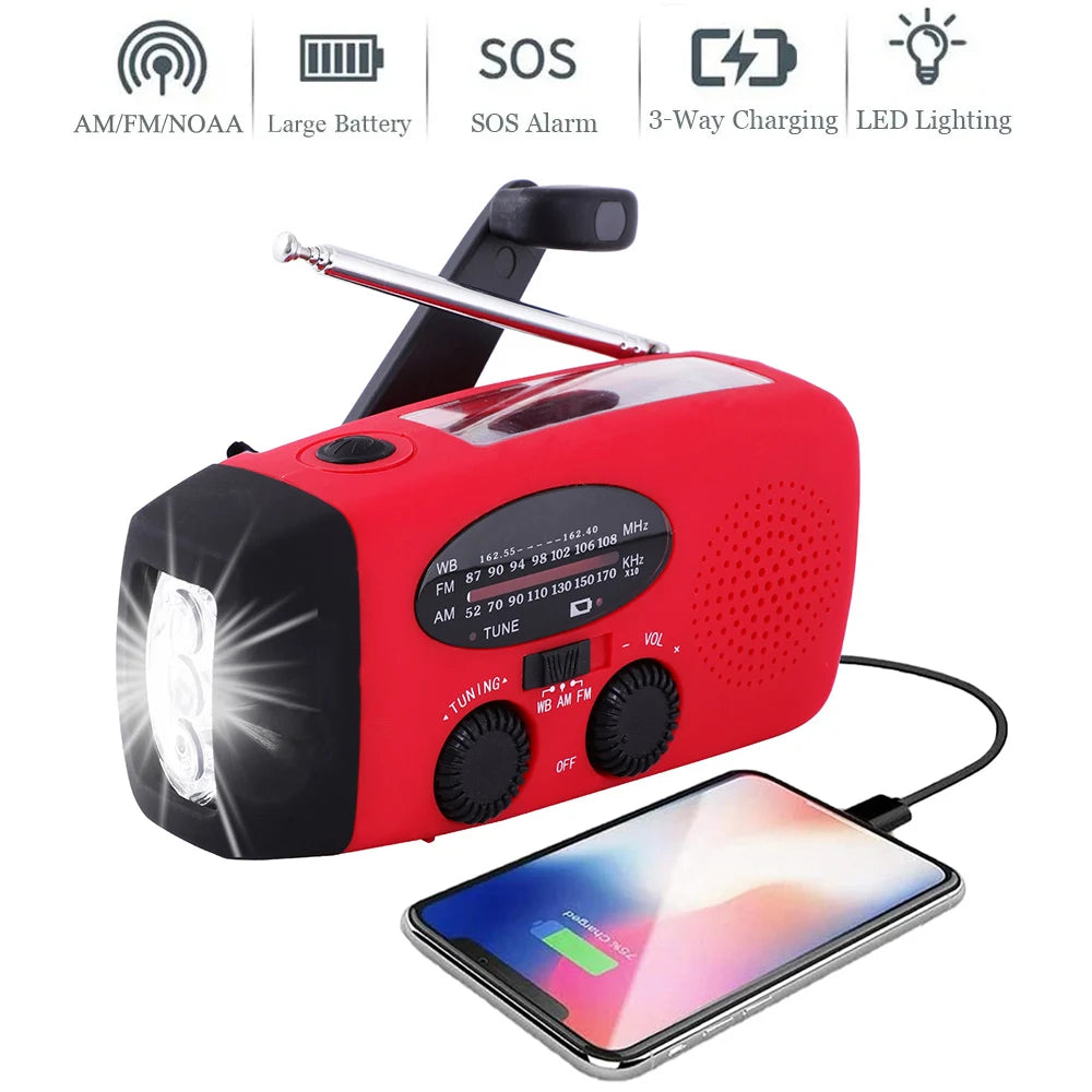 Emergency Weather Radio with Hand Crank, Solar & USB Charging - 2000mAh Power Bank & LED Flashlight