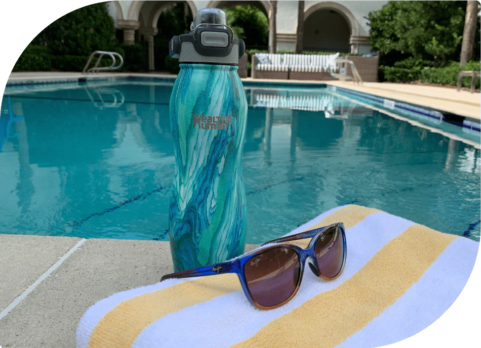 water bottle at swimming pool