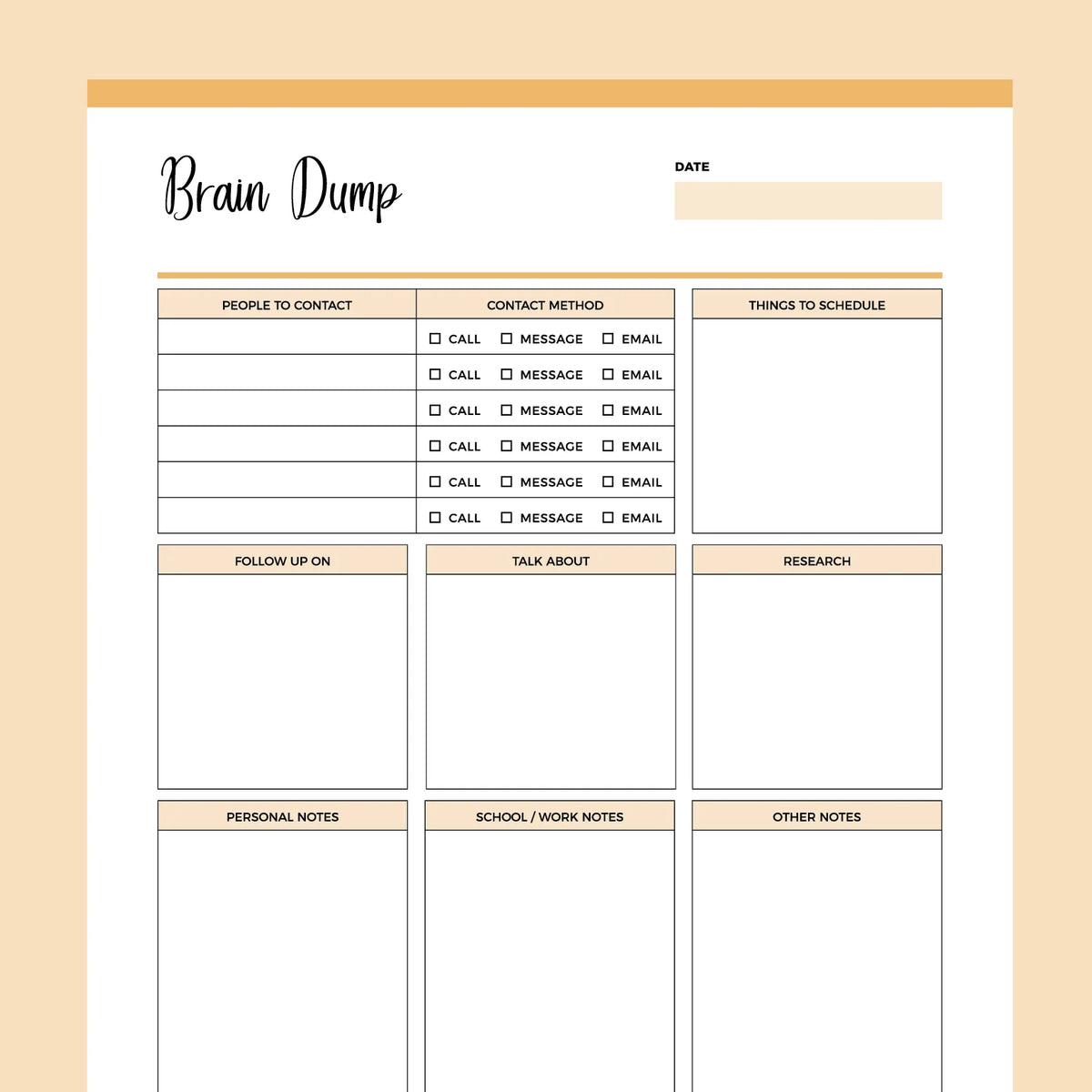 Printable Brain Dump Template Instant download PDF A4 & US Letter