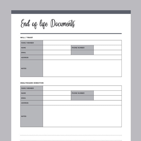 End Of Life Planner Template