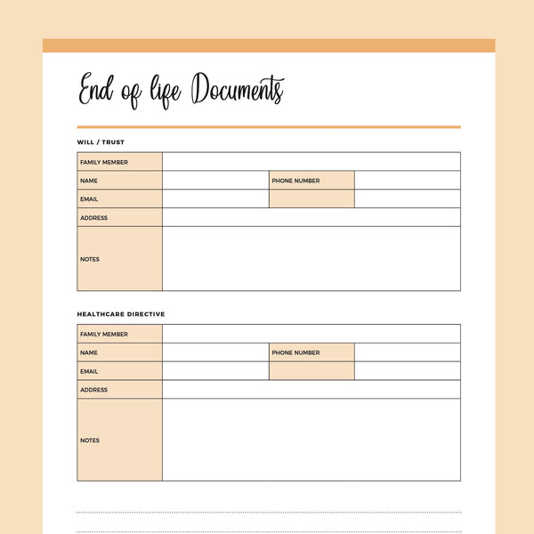 Printable End of Life Planner Instant Download PDF A4 & US Letter