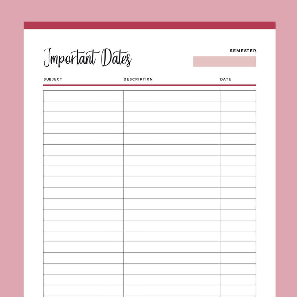 Printable Important Dates List for Students Printable PDF Plan