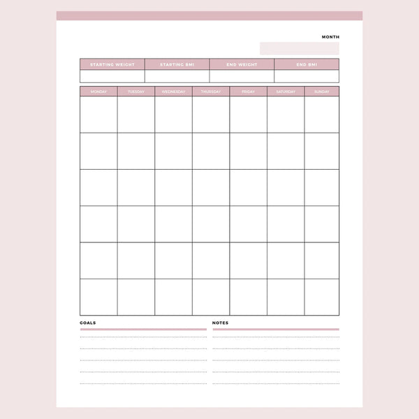 Printable Monthly Weight Loss Tracking Calendar Instant Download Pdf
