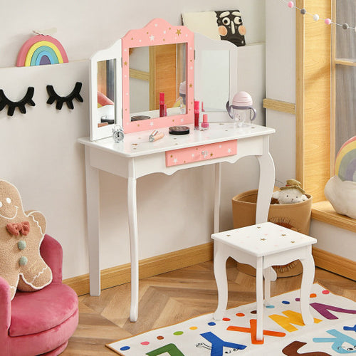 Kids Vanity Table and Chair Set with Removable Tri-Folding Mirror-White | Costway