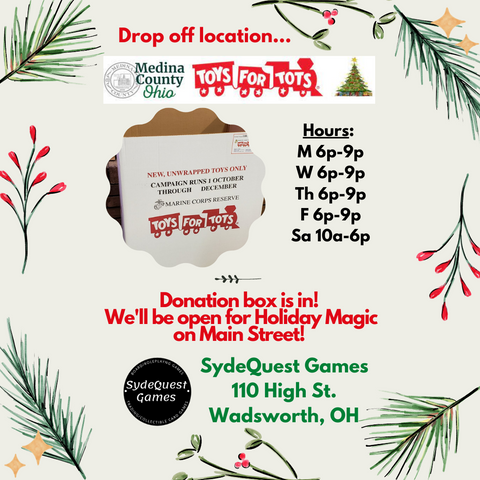 SydeQuest Games 110 High St. Wadsworth is a Toys For Tots Medina County drop off location.