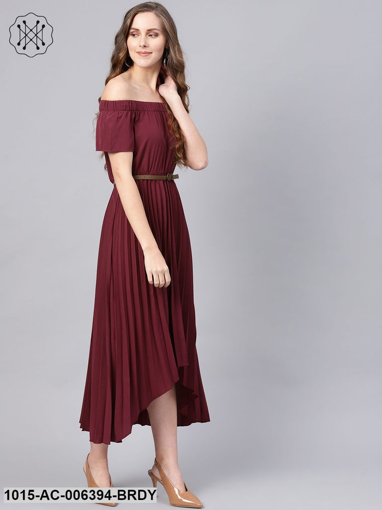 Burgundy Off Shoulder High Low Belted Pleated Dress The Swastika