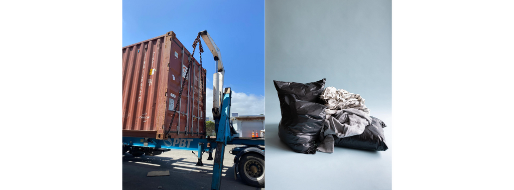 Shipping container full of textile waste