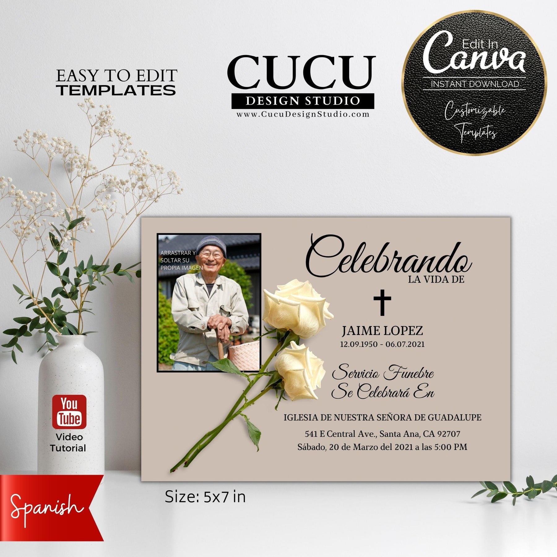 En Memoria de | Canva Spanish Funeral Announcement Card Template | FAC –  Cucu Design Studio