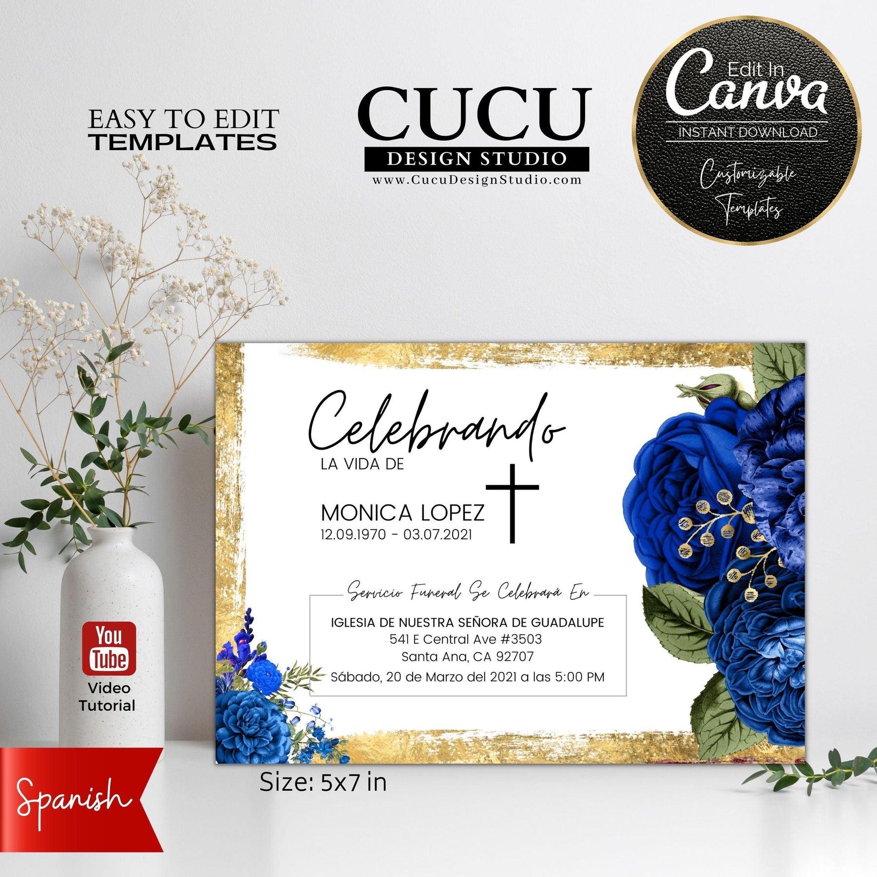 Spanish Digital Funeral Card Template | Canva Funeral Templates | FAC1 –  Cucu Design Studio