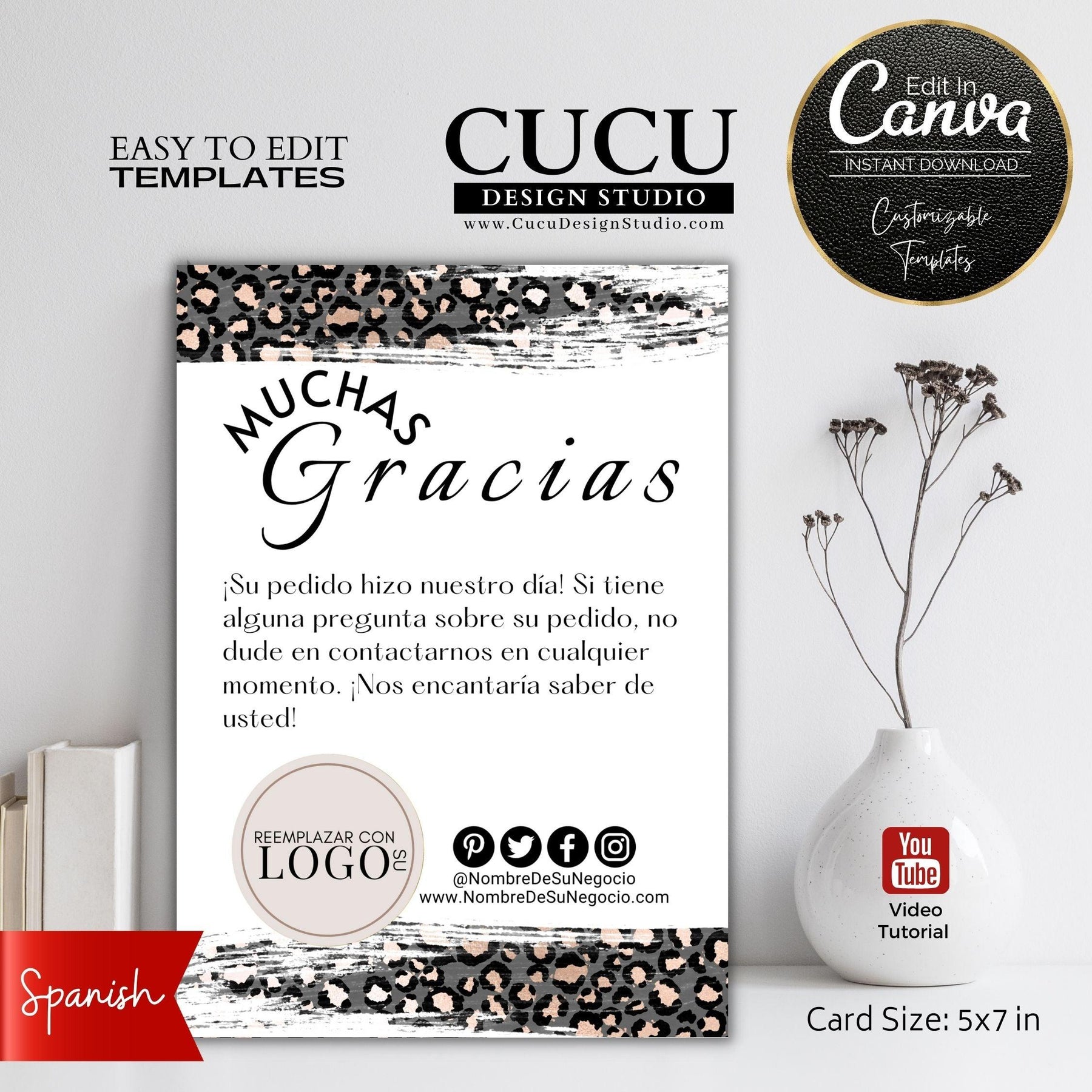Spanish Small Business Thank You Card Cheetah Design Template | BTC117 –  Cucu Design Studio