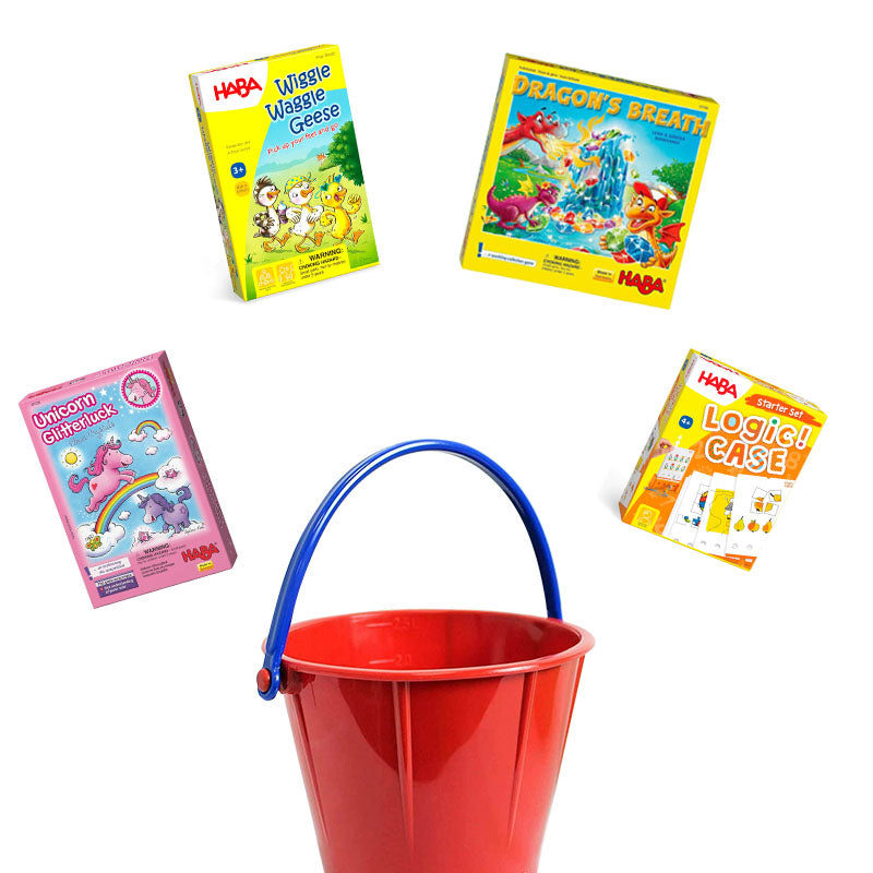 A basket with HABA games.