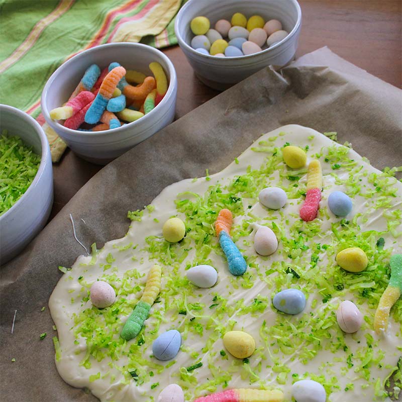 Chocolate bark covered in candies.