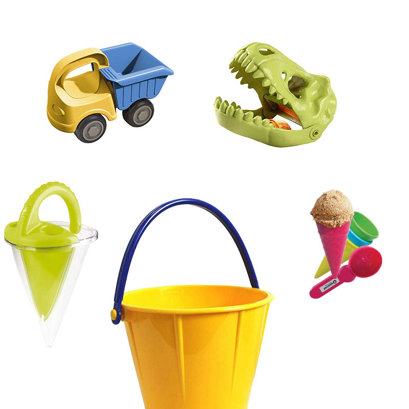 Sand toys above a bucket.