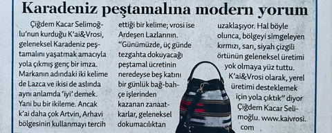 Oksijen Gazetesi'nin Cumhuriyet'in 100. yılına özel çıkardığı gazetede yer alan K'ai&Vrosi tasarım çanta markasından bahseden küpürün görseli