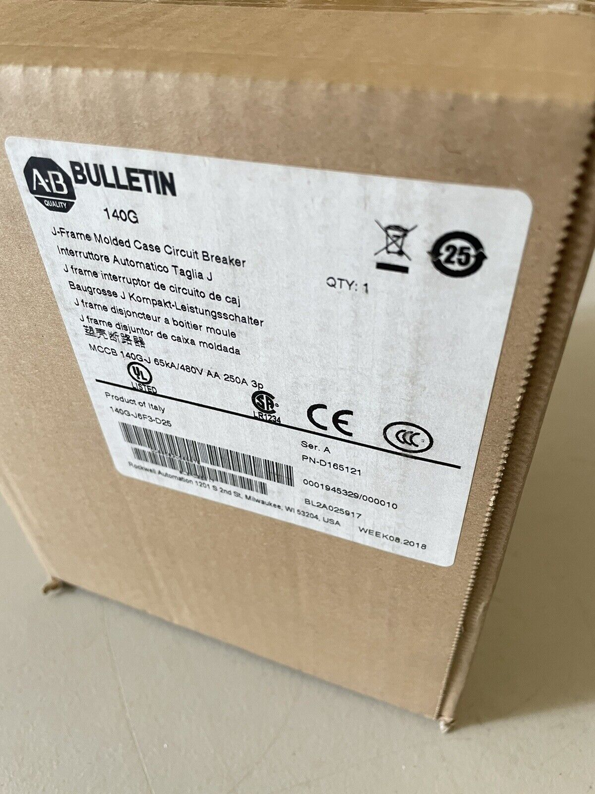 New Allen Bradley 140G-J6F3-D25 3-Pole, 250A, 600VAC Circuit Breaker
