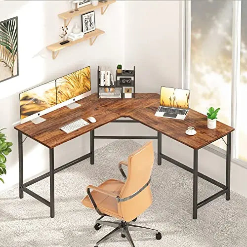 FATORRI L Shaped Computer Desk, Industrial Office Desk with Shelves, Rustic Wood and Metal Corner Desk for Home Office (Rustic Oak, 59 inch)